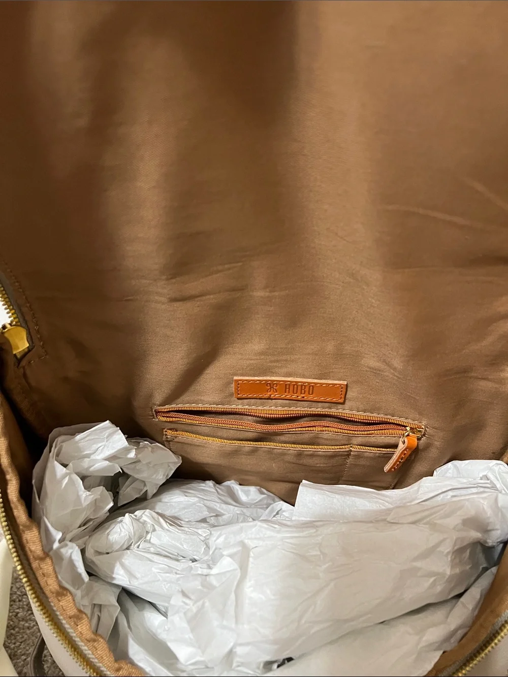 HOBO Taupe Leather Backpack with Gold Hardware